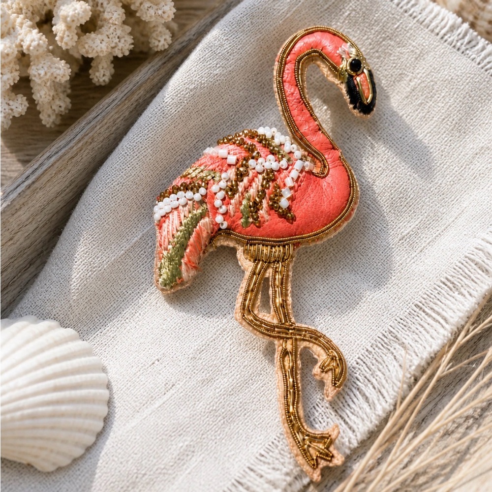 Vintage Beaded Flamingo Brooch Coral Gold Coastal Chic Florida Golden Girls